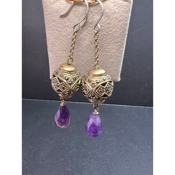Vintage amethyst and marcasite sterling silver dangle earrings - Picture 8 of 16